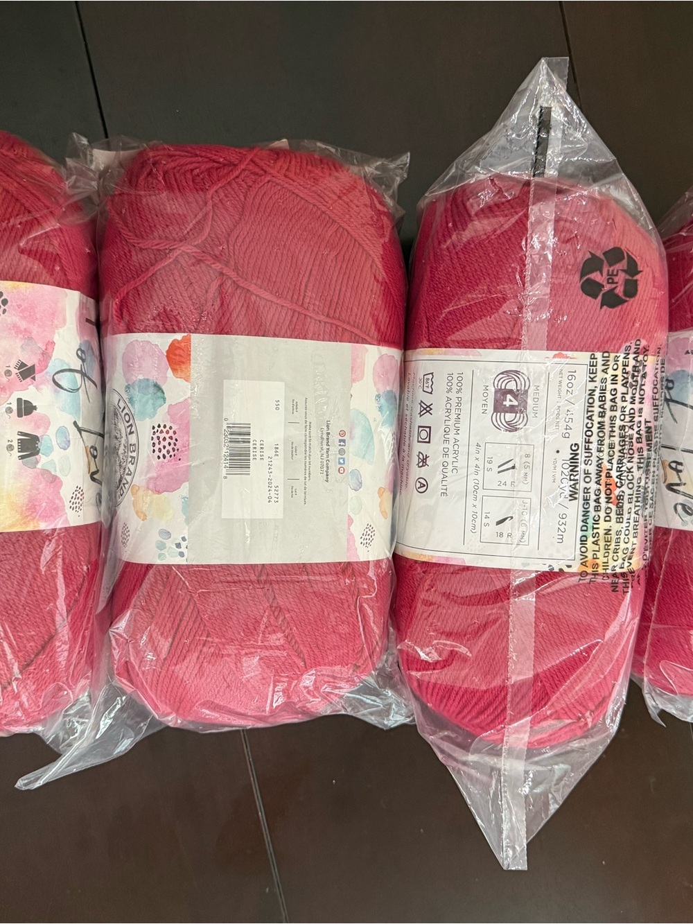 Lion Brand Soft Pink (Cerise) Acrylic Yarn - 4 Skeins - Picture 2 of 10